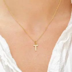 vattentät bokstav t zirkon halskedja med berlocker i förgyllt stål - OCEANA