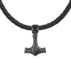 vattentät tors hammare halsband i läder med hängen i svart stål - OCEANA