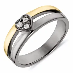hjärta vit zirkon ring i svart rhodinerat silver med förgyllt silver
